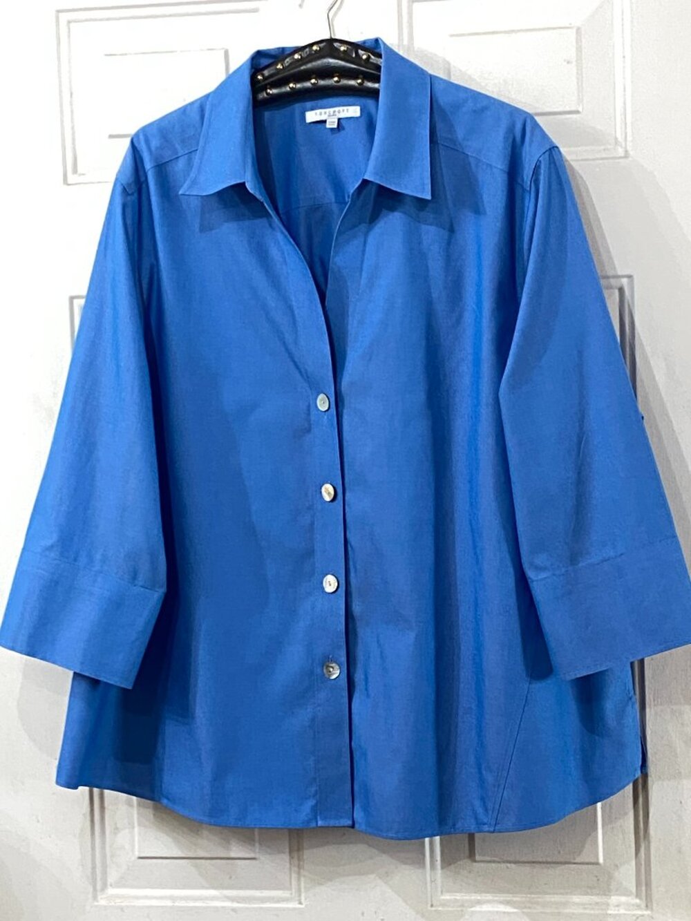 Foxcroft Non Iron Sz 22W Blue Blouse Button Up Shirt 3/4 Sleeve